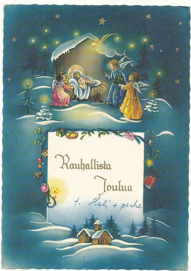 Enkeleitä seimellä -vanhahko kortti