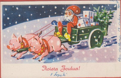 B Uttuslien Possut vetävät tontun lahjakärryä