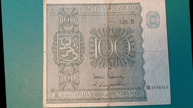SUOMI  10 mk,   Liitt.  B  -v 1945 . katso .kuvaus.