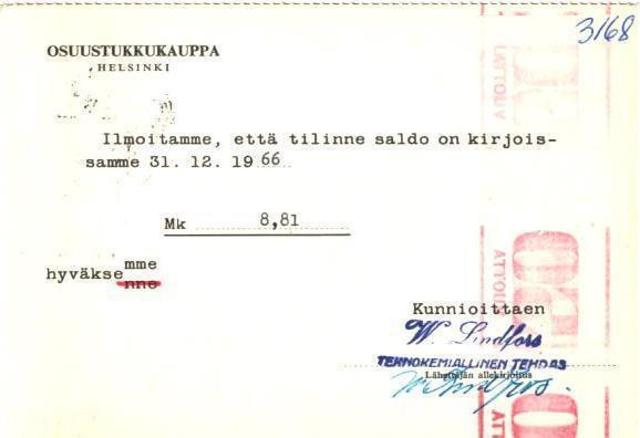 FIRMAKORTTI W LINDFORS  HELSINKI 70