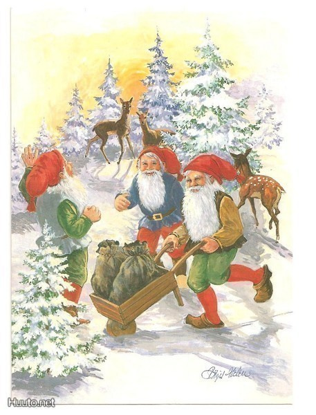 Kolme tonttua , kottikärryissä lahjasäkit