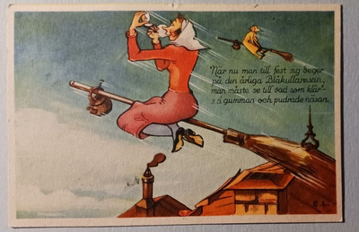 E.L.: Nykynoidat luudilla + runo, pikkupk, p. 1936