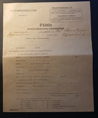 Päätös omavaraistalouden viljankäytöstä , Hartola , 1918