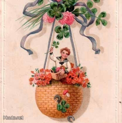ANTIIKKIKORTTI / Poika korissa ja apiloita. 1900-l. NÄTTI!!