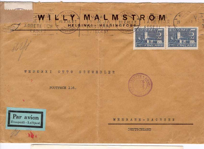 M30 1930 5mk Olavinlinna pari  lentokirje Saksaan 1941