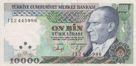 (B0084) TURKEY, L.1970 (1989 ND). 10000 Lira. P-200. VF