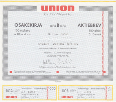 OKK 1990 UNION Yhtymä Oy spec, Helsinki pörssi osakekirja