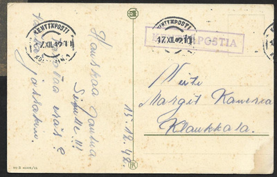 Postilähetys - Kenttäpostia + KPK 1 17.12.1942