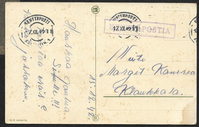 Postilähetys - Kenttäpostia + KPK 1 17.12.1942