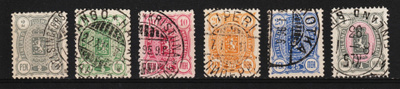 1889-95 vuosien Vaakunamerkkejä 2p-1mk leimattuna