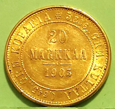 KESÄTARJOUS. 20 mk 1903 kulta raha, kunto tyydyttävä. (PJ).