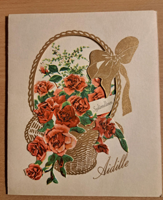 Kukkakori äidille, aukollinen taittokortti,  kulkenut 1957