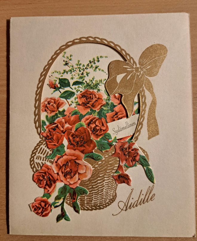 Kukkakori äidille, aukollinen taittokortti,  kulkenut 1957