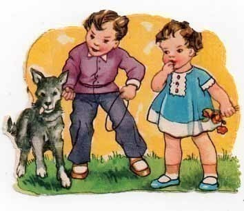 PZB 1328 / Tyttö ja poika leikittävät koiraa.