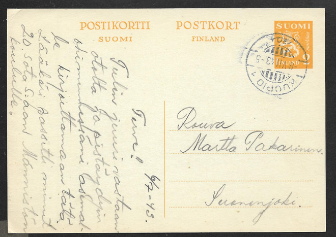 Postil. - Ehiö 2mk (LAPE 75) Oulu 1 6.7.1943