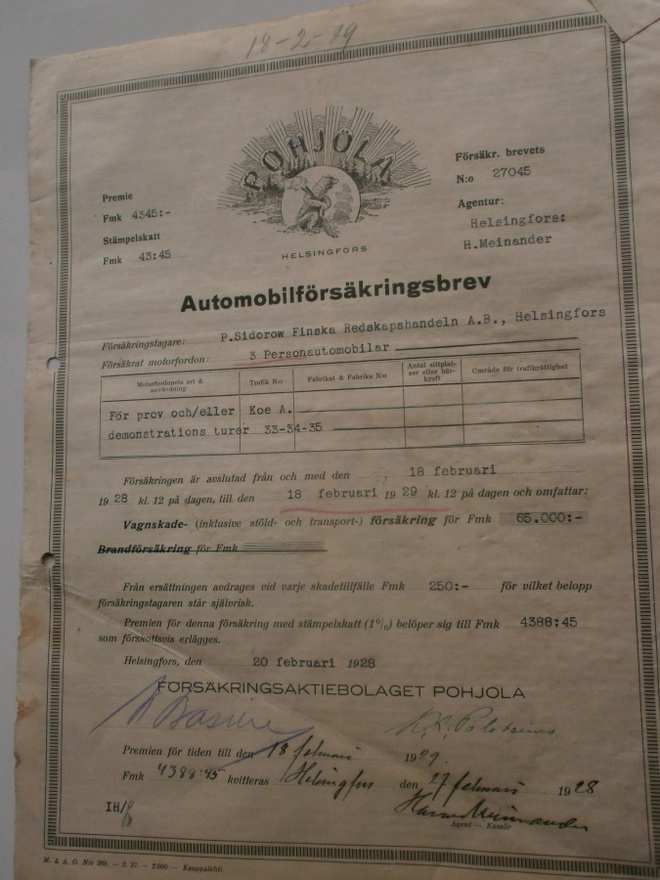 Autovakuutus, Pohjola, 1928