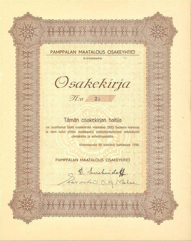 OKK 1938 Pamppalan Maatalous Oy, Kivennapa Karjala osakekirj