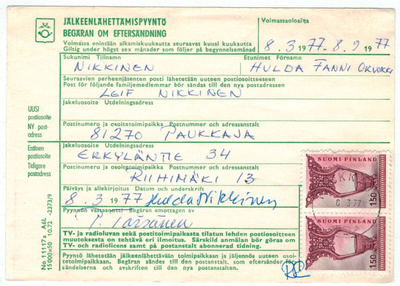 1976 1,50mk kousa paru jälkeenlähettämispyynnöllä