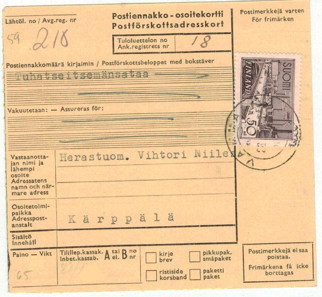 M30 1942 50mk Tre postiennakkokirje 1953