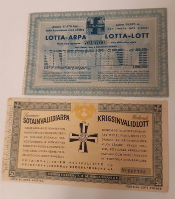 Kaksi vanhaa arpalippua 1935 ja 1941