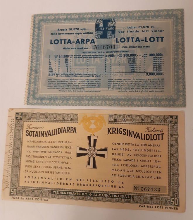 Kaksi vanhaa arpalippua 1935 ja 1941