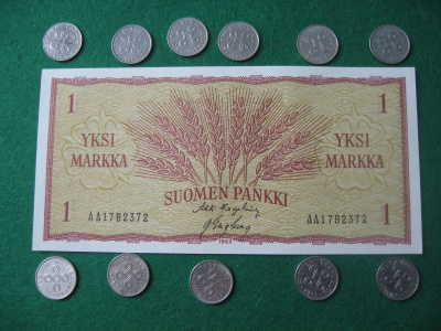 11 kpl 1 markka 1952-1962 koko sarja ja 1 mk seteli 1963