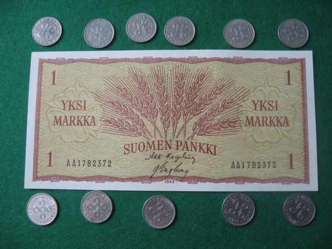 11 kpl 1 markka 1952-1962 koko sarja ja 1 mk seteli 1963
