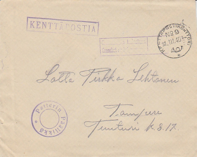 KENTTÄPOSTI TALVISOTA 1.3.40 KPKNO 9 PATTERIN PÄÄLIKKÖ LEIMA