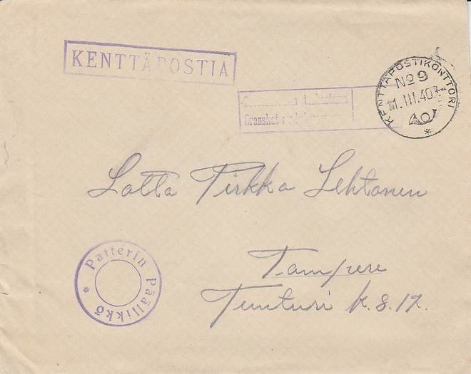 KENTTÄPOSTI TALVISOTA 1.3.40 KPKNO 9 PATTERIN PÄÄLIKKÖ LEIMA