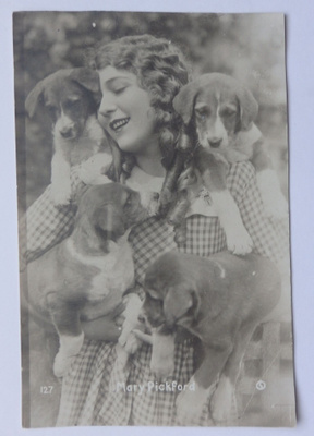 Filmitähti Mary Pickford ja neljä koiranpentua