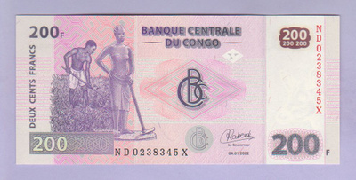 Kongo Congo DR 200 Francs v.2022 UNC P-99