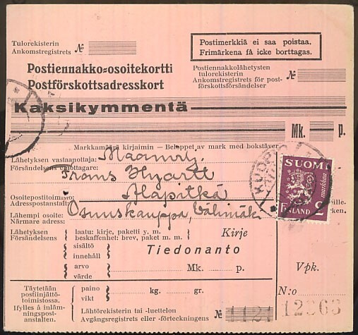 M30 1932 2mk viol.leijona postiennakkomaksuna vapaakirjeellä