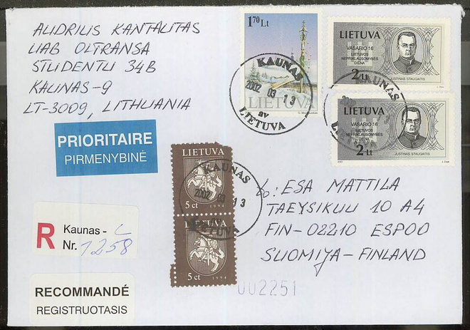 Liettua Mi 752 ym R-kirje Suomeen