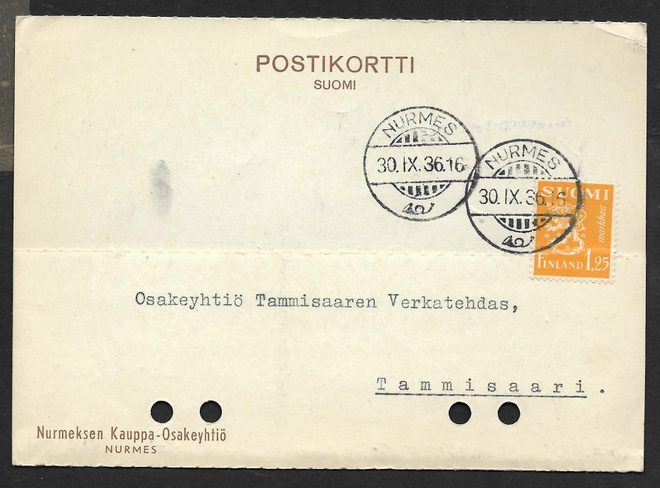 Postil. - Yl.m. 1,25 1930 (LAPE 177) Nurmes 30.9.1936