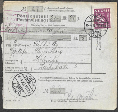 Postiosoitus - Yl.m. 1,5mk (LAPE 152) Lohja 4.11.1930