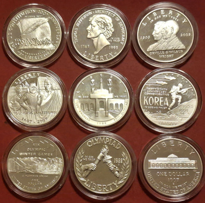 9 x USA 1 Dollar Proof 900 hopea rahoja - hopean hinnalla.