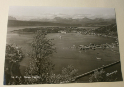 Narvik, satama, rantaa, tuntureita, vkpk, p. 1954 Suomeen