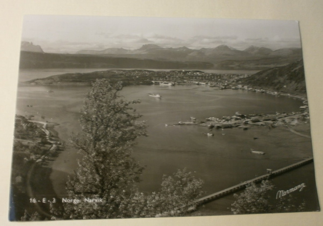Narvik, satama, rantaa, tuntureita, vkpk, p. 1954 Suomeen