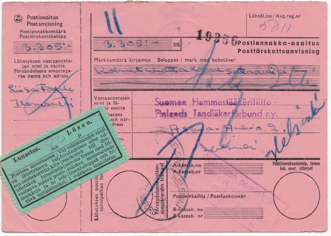 1953 postiennakkopaketin palautus postiennakko-osoituksella