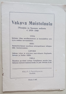 Vakava Muistolaulu Venäjän Ja Suomen Sodasta 1939 - 1940