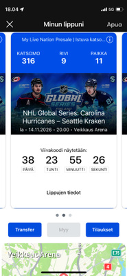 3kpl lippuja NHL Global Series otteluun