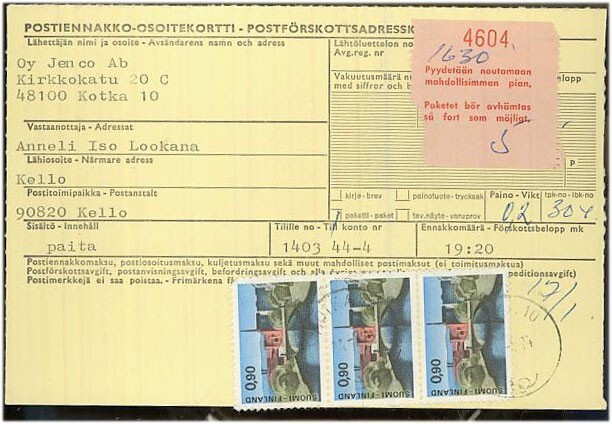 1968 90p Hämeensilta 3 kpl postiennakkopaketti