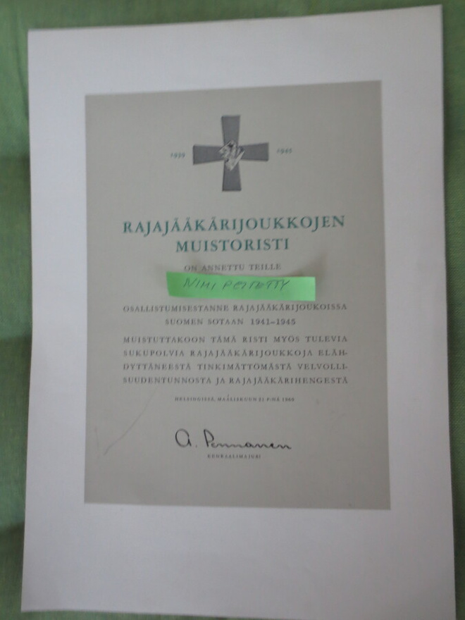 Rajajääkäri  Joukot Ristin Myöntökirja