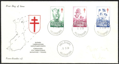FDC 1958 Tuberkuloosi  LaPe 493 - 495  LOISTOT FS-kuori