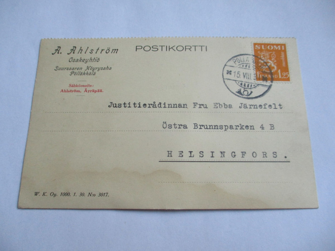 1934 Pölläkkälä A Ahlström Suursaaren Höyrysaha Pölläkkälä