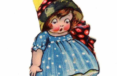 WANHA / Sinimekkoinen tyttö pelästyy hiirtä. 1900-l.