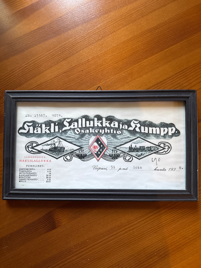 Vanha Häkli, Lallukka ja Kumpp. Oy Viipuri 1938 kehystetty