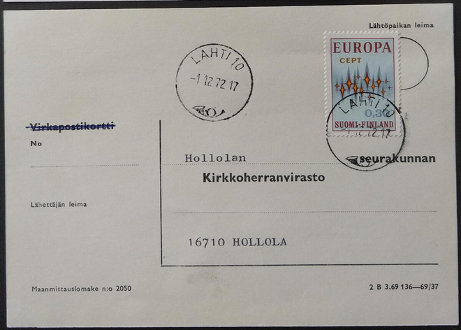 Eurooppa 1972 -merkki loistoleimakortilla Lahti 10