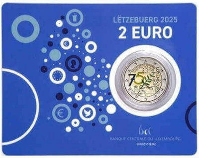 ** LUXEMBURG 2€ 2025 Schuman BU coin card väritetty **