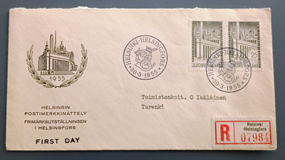 1955 FDC Postimerkkinäyttely, R-kuori, kirjeensulkija